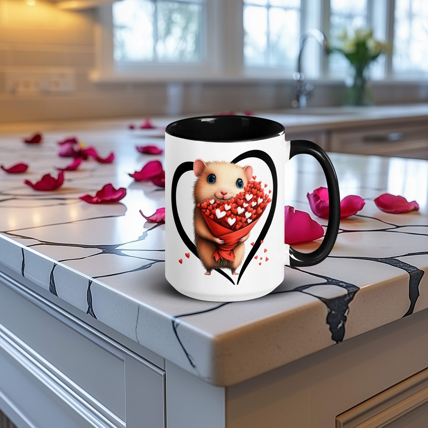 A great gift for him or a great gift for her this Valentine's Day. This ceramic mug features an adorable hamster nestled inside of a heart, holding a bouquet of red heart-shaped flowers.