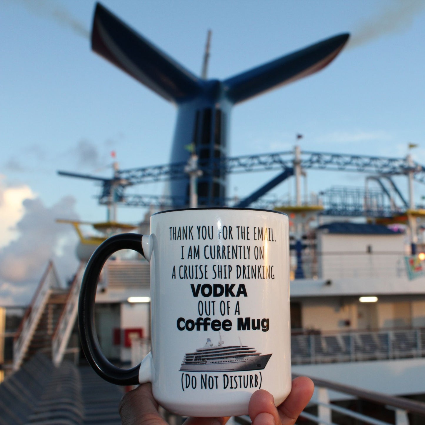 Our "Thank You for the Email. I Am Currently on a Cruise Ship Drinking Vodka Out of a Coffee Mug" is a great conversation starter while you are enjoying your morning coffee on a carnival cruise. Everyone needs a PTO mug in their life.