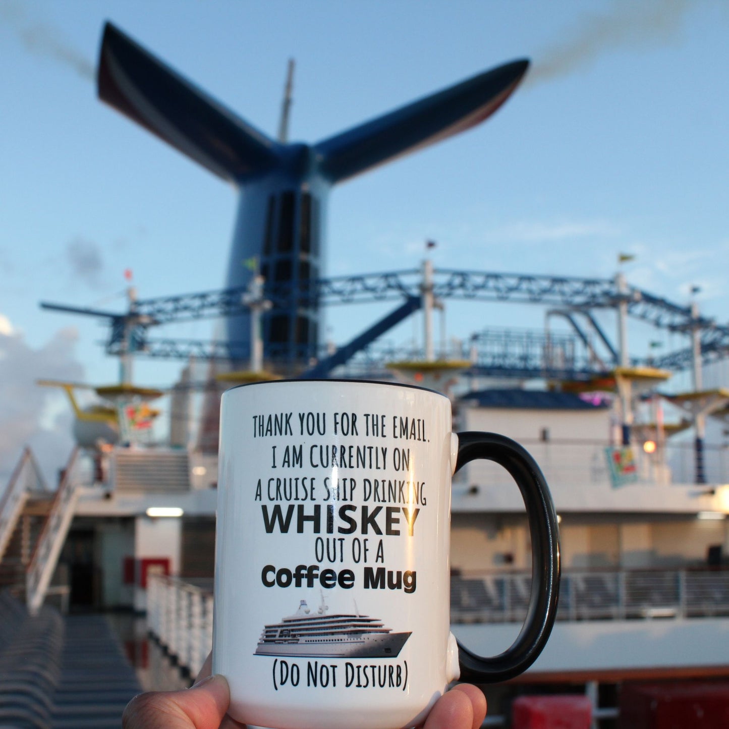 PTO mug for cruise go-ers or anyone who appreciates taking time off from work. Our ceramic coffee mug has the slogan "Thank You for the Email. I Am Currently on a Cruise Ship Drinking Rum Out of a Coffee Mug" which is sure to be a conversation starter.