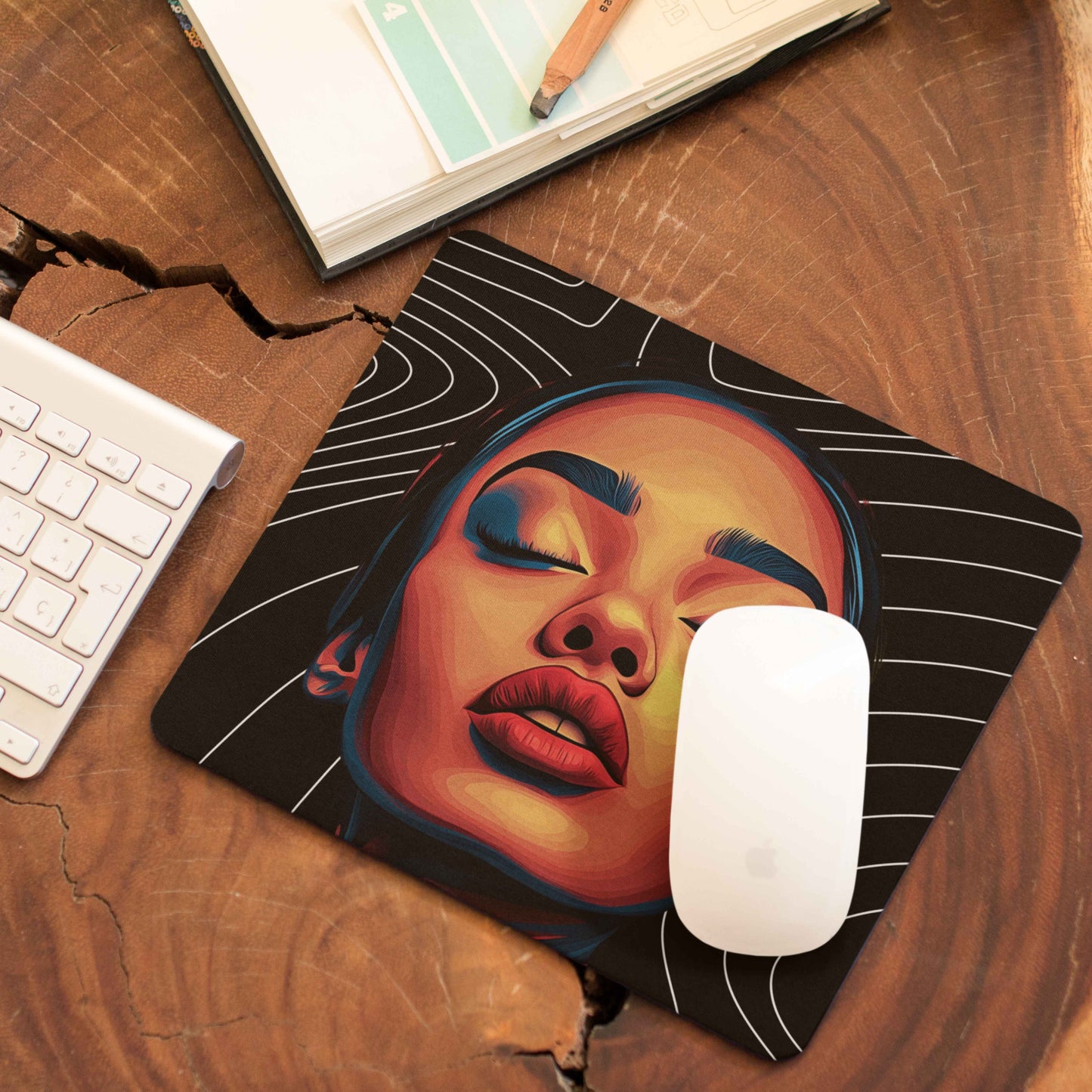 Every power move deserves the perfect foundation—our urban-chic themed mouse pad offers unbeatable grip, designed to keep up with your hustle. This mouse pad features a striking design of a woman's face, framed by a black background and swirling white lines. This mouse pad doesn’t just work—it works..with style. From the boardroom to your home office, let your workspace reflect your confidence and ambition.
