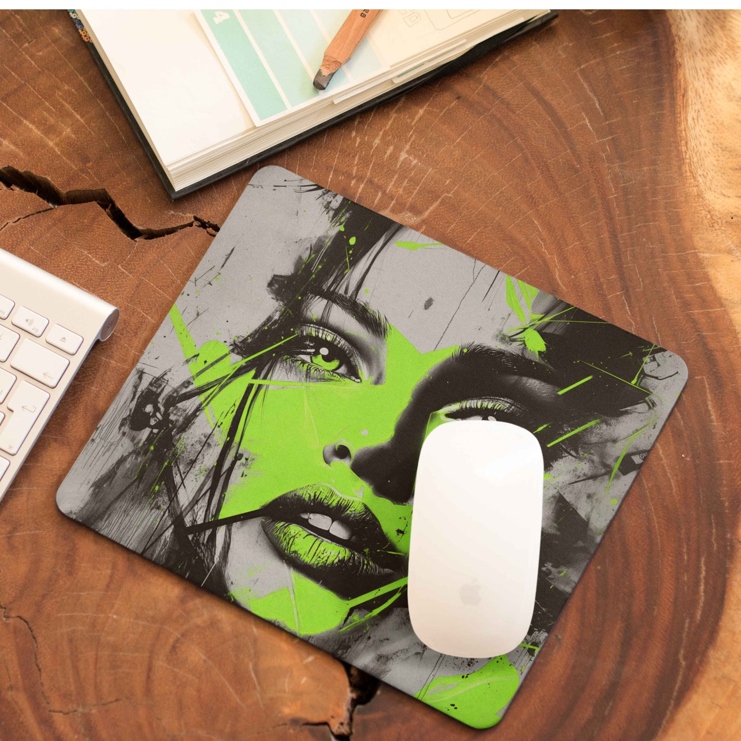 Every power move deserves the perfect foundation—our urban-chic themed mouse pad offers unbeatable grip, designed to keep up with your hustle. This mouse pad features a striking design of a woman's face, with vibrant fluorescent green contrasting against black and gray tones. This mouse pad doesn’t just work—it works..with style. From the boardroom to your home office, let your workspace reflect your confidence and ambition. A great gift to celebrate women's empowerment.