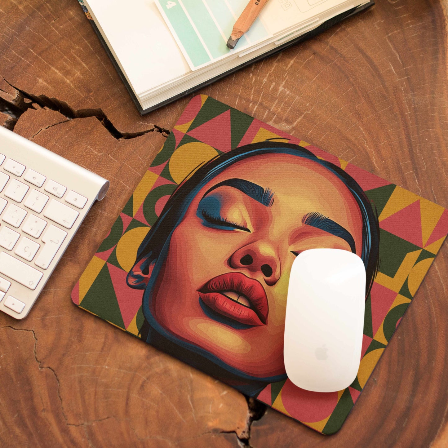 Every power move deserves the perfect foundation—our urban-chic themed mouse pad offers unbeatable grip, designed to keep up with your hustle. This mouse pad features a striking design of a woman's face, vibrant teal, framed by a collection of triangles, squares and circles in multiple colors.