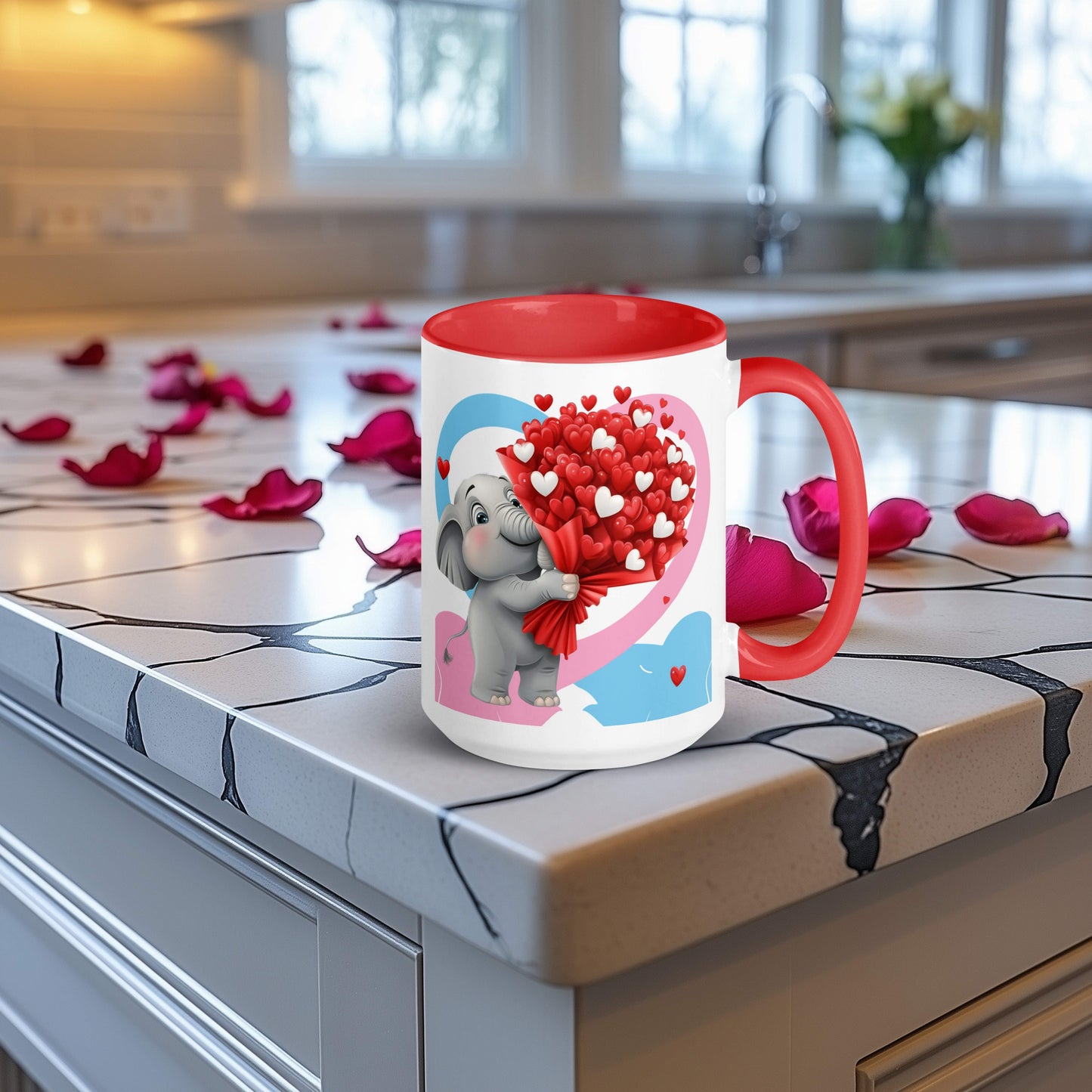 Looking for a gift for that special someone this Valentine's Day or....any day? This ceramic mug features an adorable elephant nestled inside of a light blue and pink heart, holding a bouquet of red heart-shaped flowers.