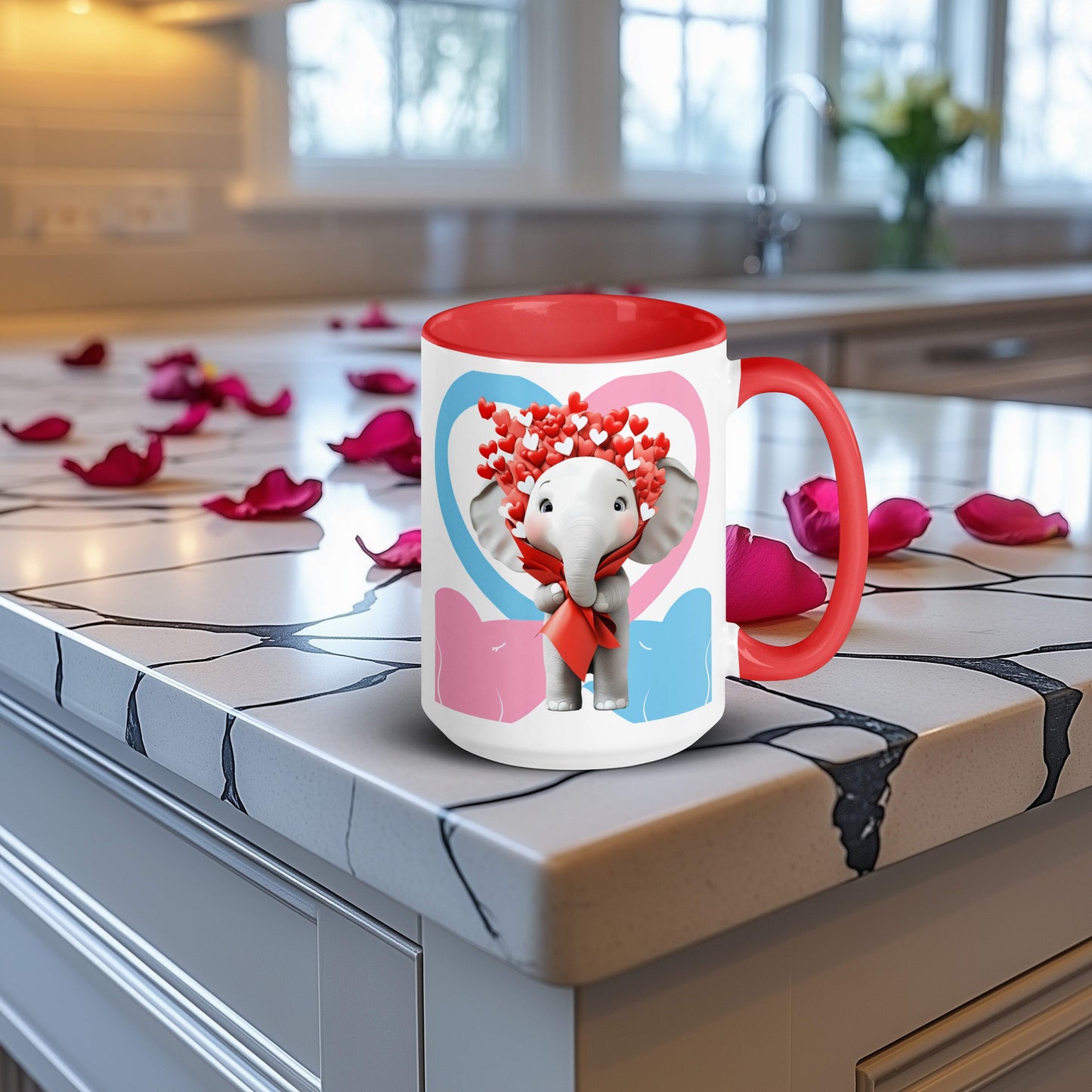 This Valentine's Day, surprise your special someone with a mug that celebrates your love for each other AND your love for coffee, tea or your preferred beverage. This mug features an elephant with a bouquet of flowers wrapped around its head with each petal shaped like a heart.