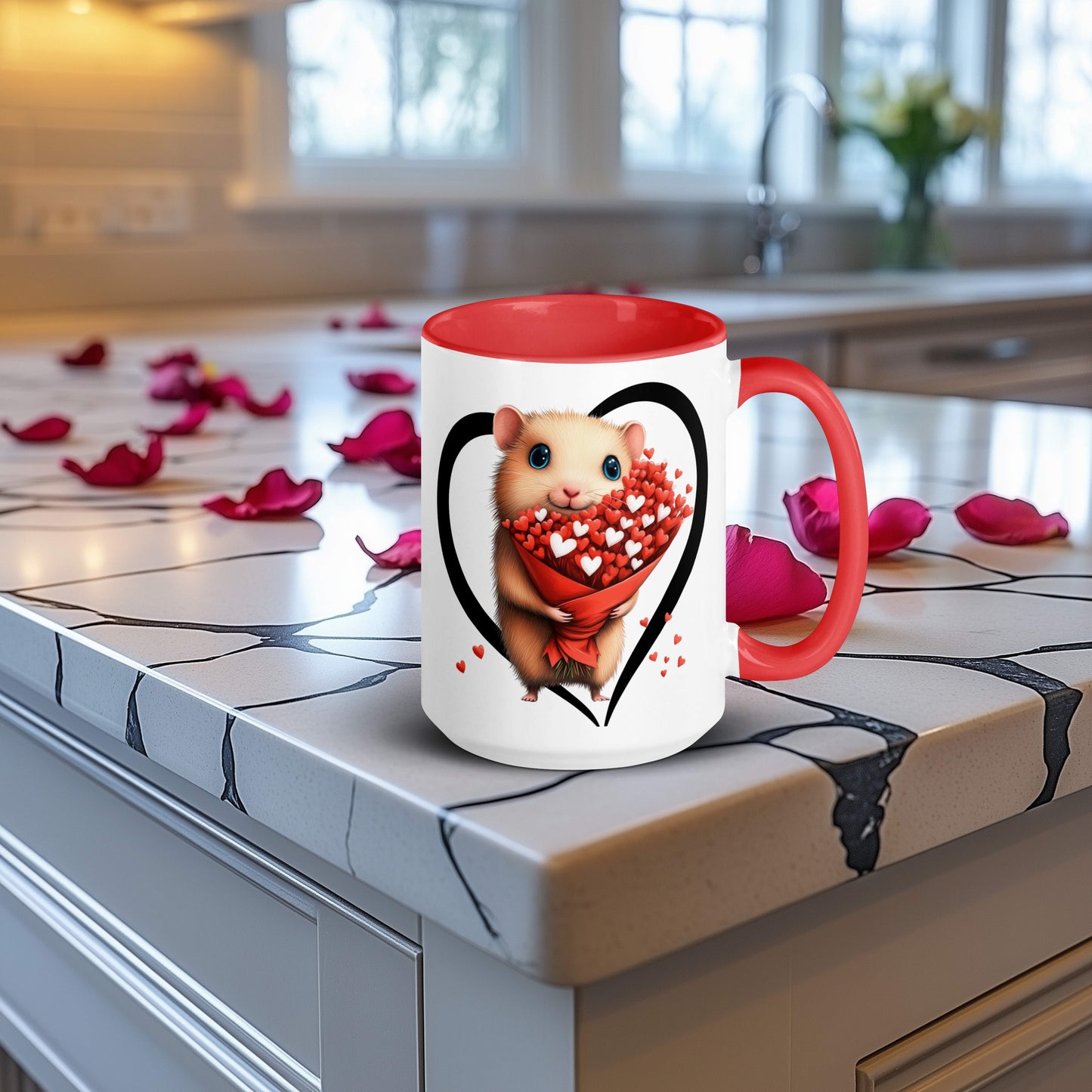 Looking for a gift for that special someone this Valentine's Day or....any day? This ceramic mug features an adorable hamster nestled inside of a heart, holding a bouquet of red heart-shaped flowers. For you work-from-home couples, let this mug serve as a daily reminder of your connection and love as you sit side by side supporting each other during the long work days.