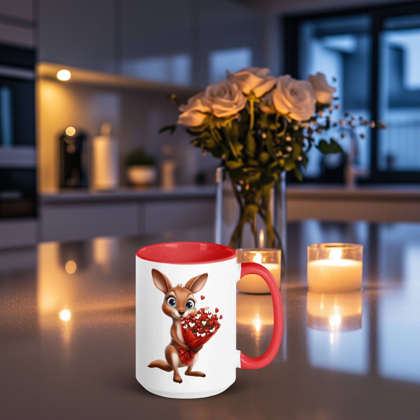 Hop into that special someone's heart with this red and white mug featuring an adorable kangaroo holding a bouquet of heart-shaped flowers! This mug isn't just for Valentine's Day, this can be perfect for wedding anniversaries or just a gift to show that special someone that you care.