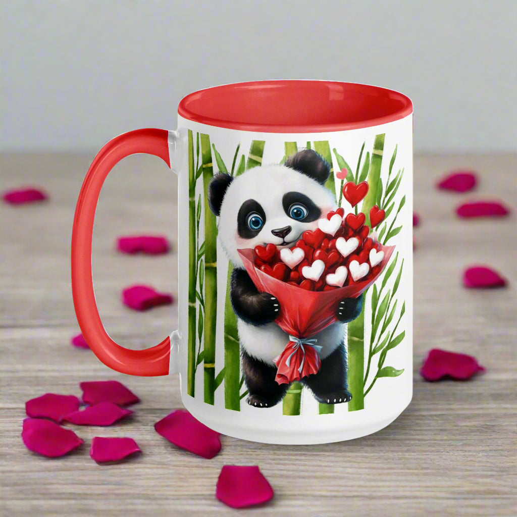 Looking for a gift for that special someone this Valentine's Day or....any day? This ceramic mug features an adorable panda holding a bouquet of red heart-shaped flowers against a backdrop of bamboo plants. Made from durable ceramic, this mug is ideal for coffee, tea, or any beverage of choice.