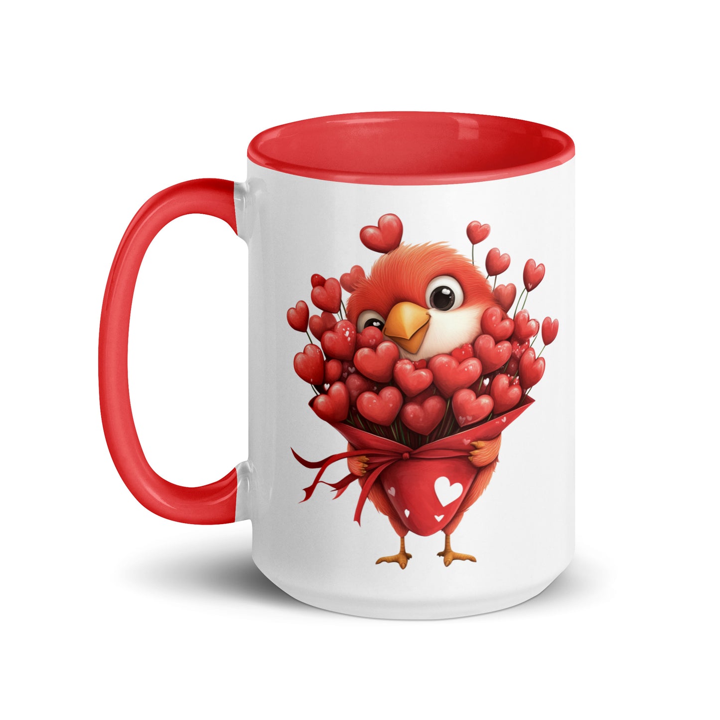 Share your love for your work wife or work husband with this red Valentine's Day themed mug. Featuring a vibrant red cardinal holding a bouquet of flowers with heart-shaped petals, this design symbolizes passion, warmth, and devotion.