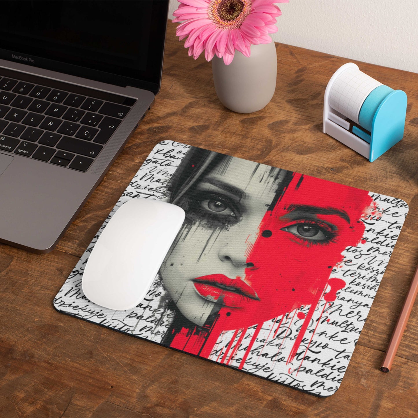Urban chic mouse pad with red, gray and black theme representing empowered women. Cursive font surrounds the main character of mouse pad.