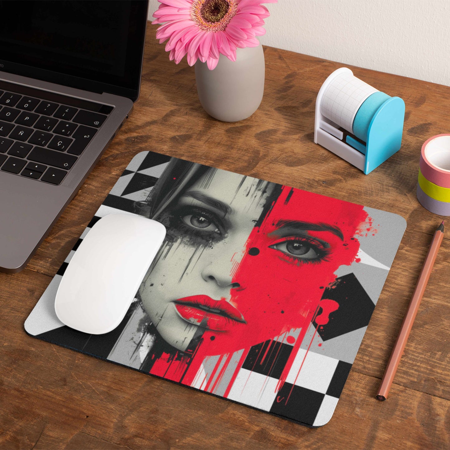This mouse pad is perfect for celebrating international womens day. This mouse pad features a striking design of a woman's face, with one half in bold, outrageous red, framed by a black and white background providing an eye catching contrast.
