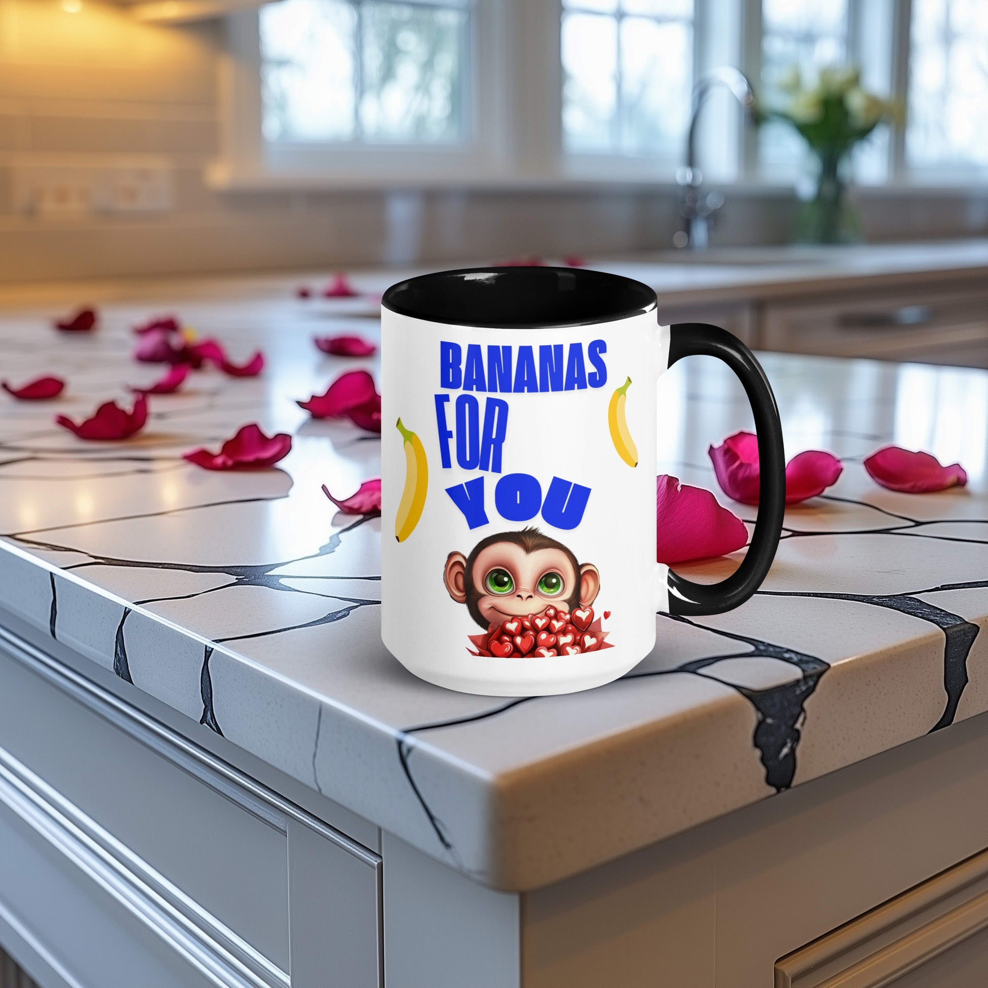 Need an anniversary, Valentine's Day or a "just because" gift? This mug is the perfect choice. It features a mug with the words "Bananas for You" with a monkey holding a bouquet of red heart-shaped flowers.