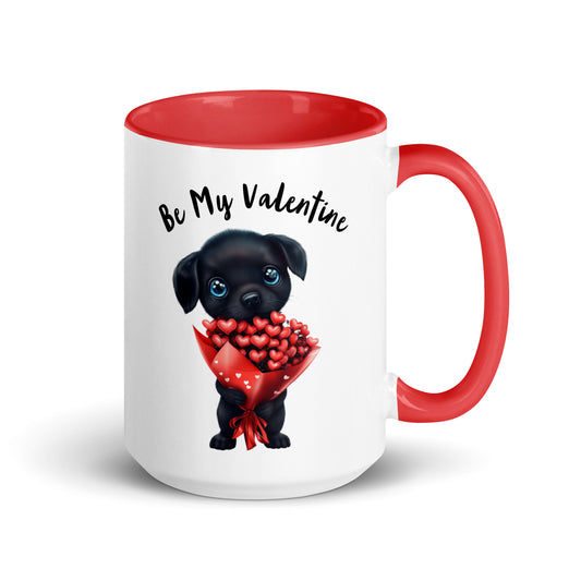Looking for something for that special someone this Valentine's Day? This red and white mug is a fun gift that represents how much love you pour into your relationship each day. Featuring an adorable puppy holding a bouquet of red heart-shaped flowers, with the words "Be My Valentine" hovering above, this ceramic mug is perfect for coffee, tea, or any sip of your choice.