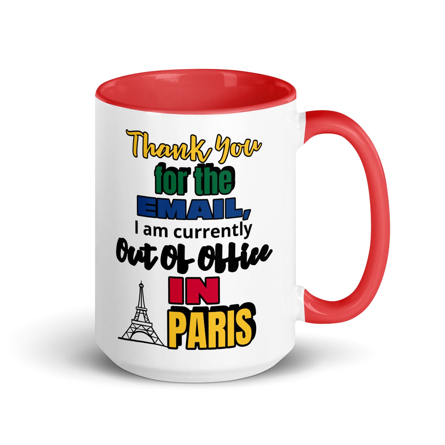 Don't forget to throw this conversation starter mug into your suitcase while packing for first or your next Paris trip. Our "Thank you for the email. I am currently out of office in Paris" mug can be used to sip coffee, rum, vodka or even beer while you enjoy your time in the City of Live. This slogan is printed in yellow, green, blue, black and red colors next to an image of an Eiffel.