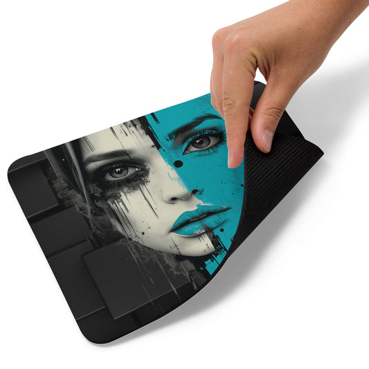 Urban chic mouse pad with bright teal, gray and black color themed. This mouse pad's design represents women's empowerment and also celebrates International Women's Day.