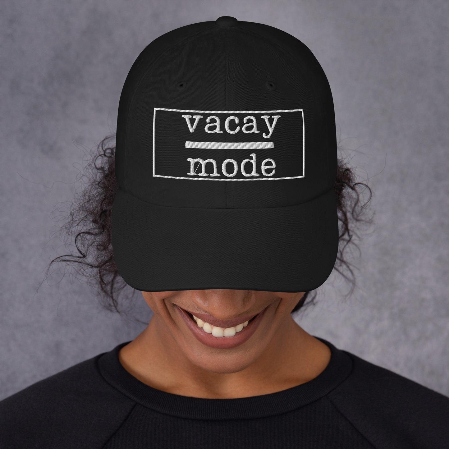 Enjoying some well-deserved downtime? Why not send a reminder to everyone that you're off the clock and that vacay mode has been officially activated. Our work-life-balance cap with the words"vacy mode" embroidered on the front does the job!