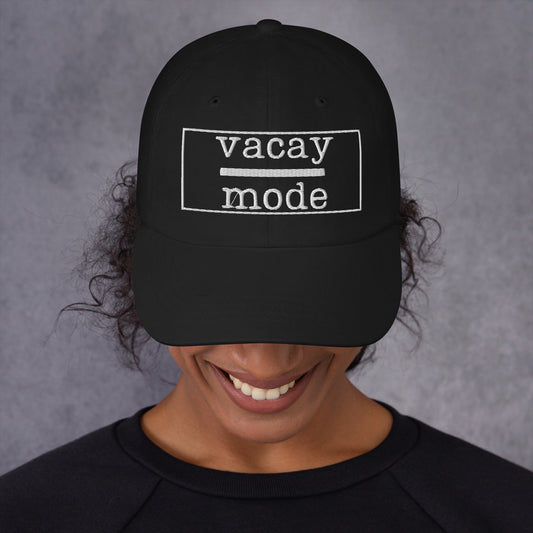 Enjoying some well-deserved downtime? Why not send a reminder to everyone that you're off the clock and that vacay mode has been officially activated. Our work-life-balance cap with the words"vacy mode" embroidered on the front does the job!