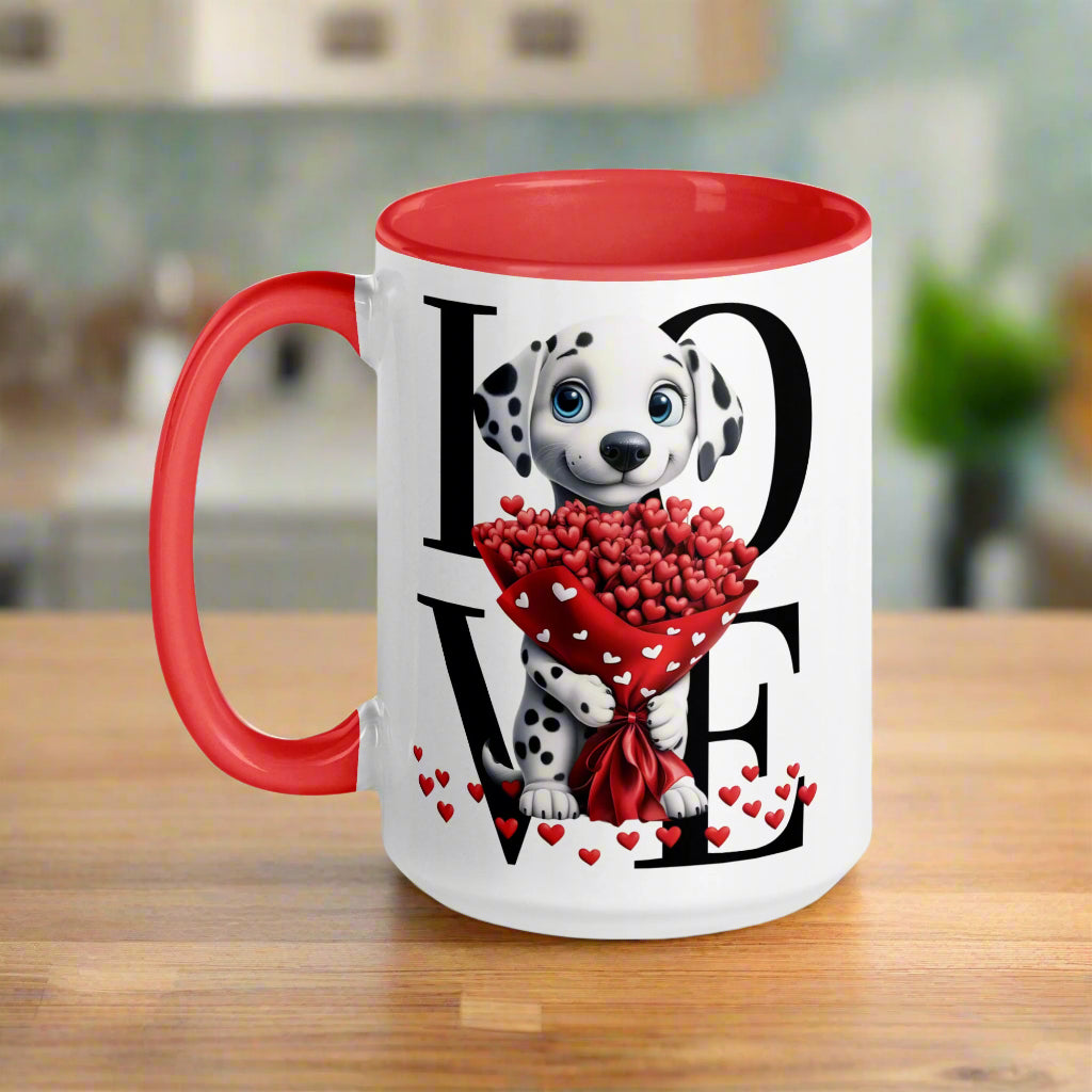 Looking for a gift for that special someone for Valentine’s Day, wedding anniversary, or simply to make that person smile? This ceramic mug features an adorable Dalmatian dog holding a bouquet of red heart-shaped flowers with the letters L.O.V.E in the backdrop.