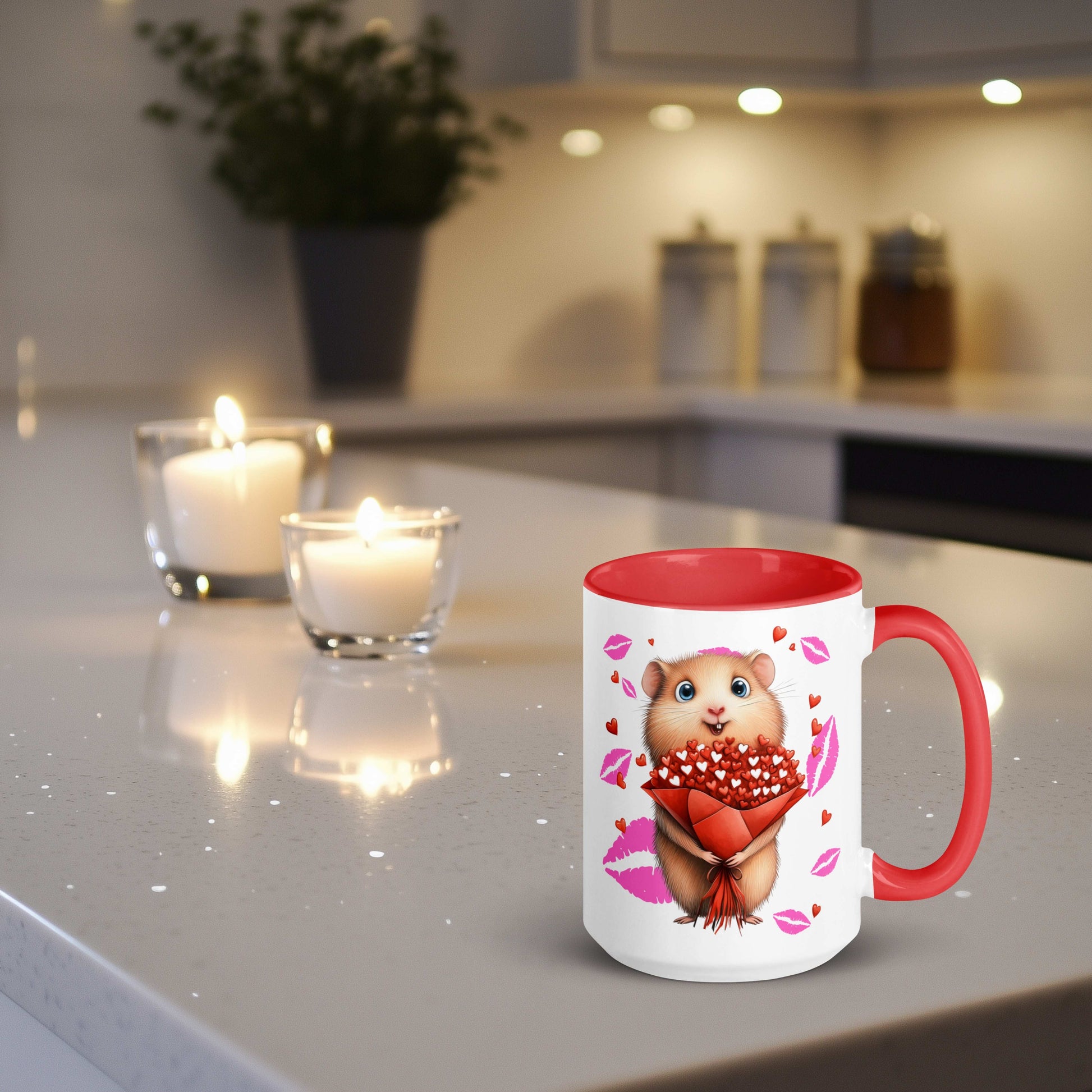 Looking for the perfect gift for that special someone this Valentine's Day or any day you want to celebrate love? This charming ceramic mug is a heartfelt choice for pet lovers and romantics alike. The design showcases an irresistibly cute hamster clutching a bouquet of red heart-shaped flowers, symbolizing love and kindness.