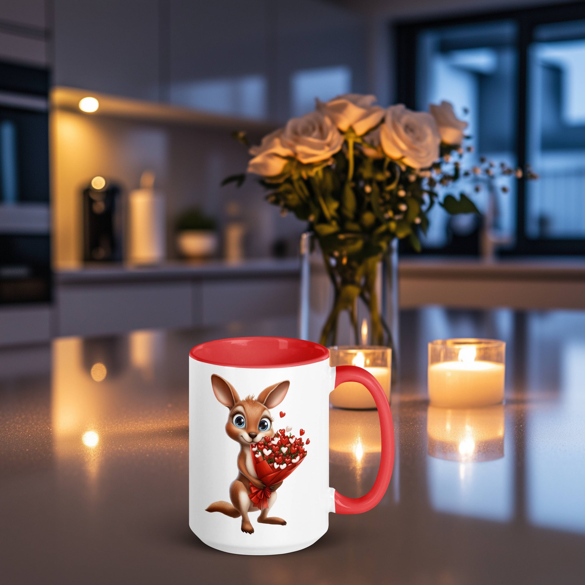 Hop into that special someone's heart with this red and white mug featuring an adorable kangaroo holding a bouquet of heart-shaped flowers! This mug isn't just for Valentine's Day, this can be perfect for wedding anniversaries or just a gift to show that special someone that you care. 