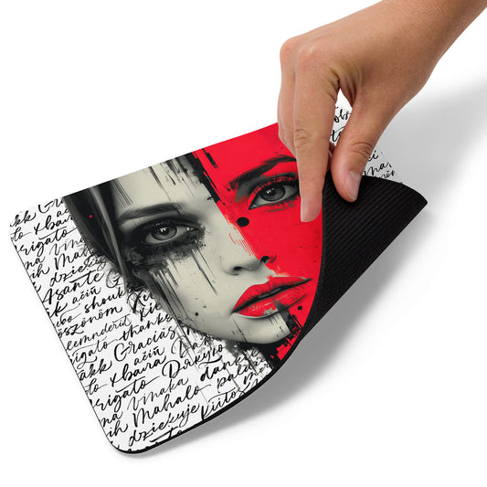Urban chic mouse pad with bright red, gray and black color theme. The centerpiece of the mouse is surrounded by multiple words in cursive font.