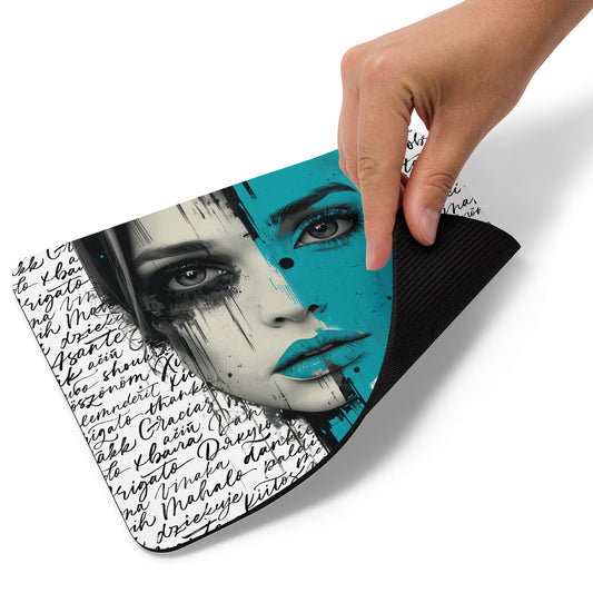 This mouse pad features a striking design of a woman's face, with one half in bold, vibrant teal, framed by a collection of cursive words in different languages. Perfect for any empowered women theme.