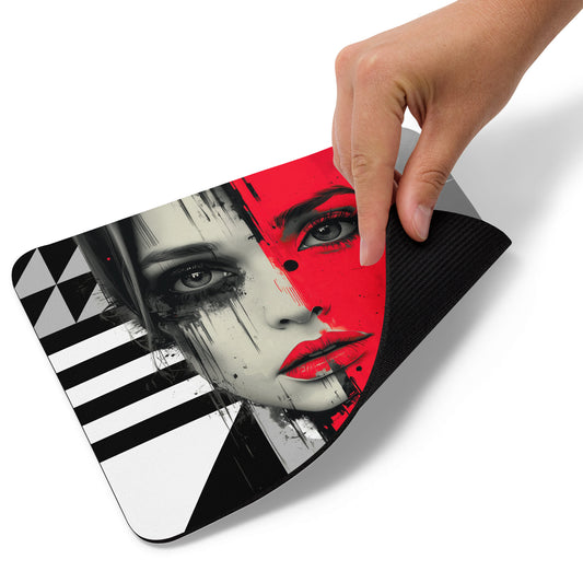 This mouse pad features a striking design of a woman's face, with one half in bold, outrageous red, framed by a black and white background providing an eye catching contrast.