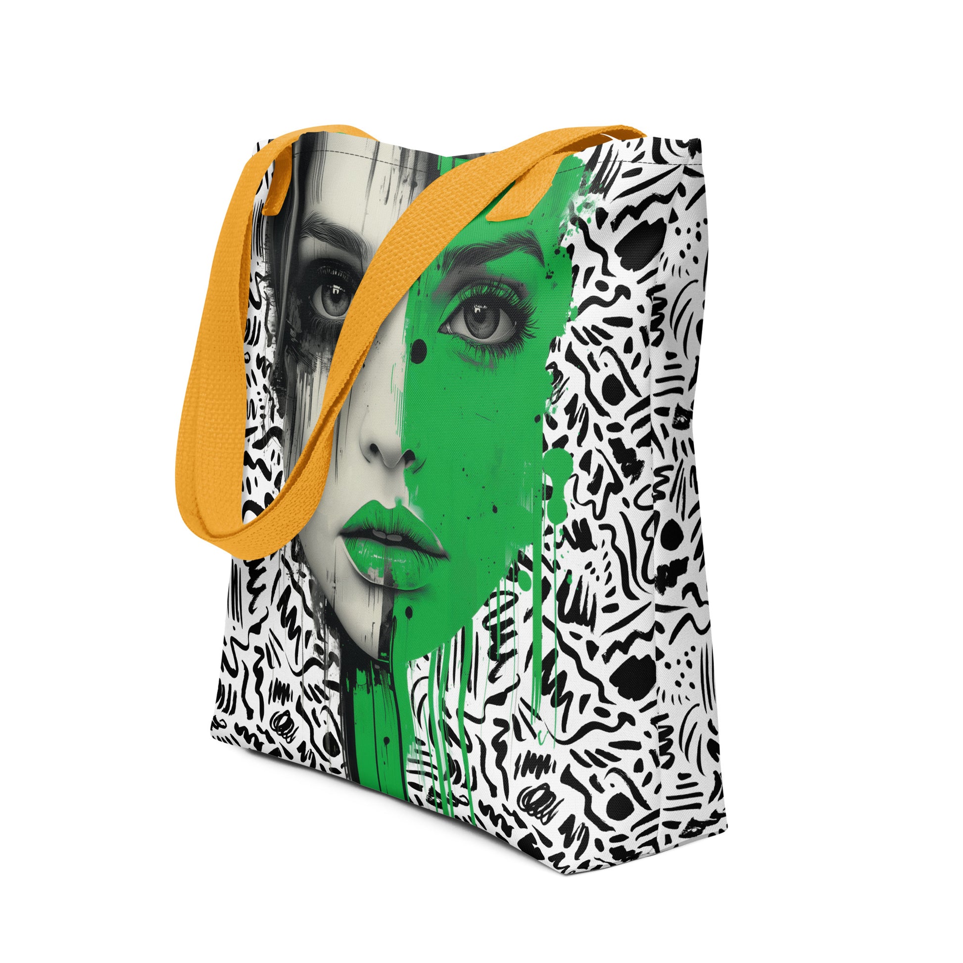 Step into the city with style and confidence with this urban chic tote bag, designed for women who control their destiny. The centerpiece of this tote bag is a woman's face surrounded by a black and white pattern.